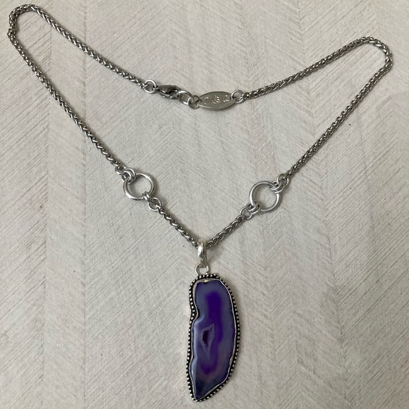 925 sterling silver overlay Purple agate slice gemstone charm boho necklace . - Picture 14 of 16